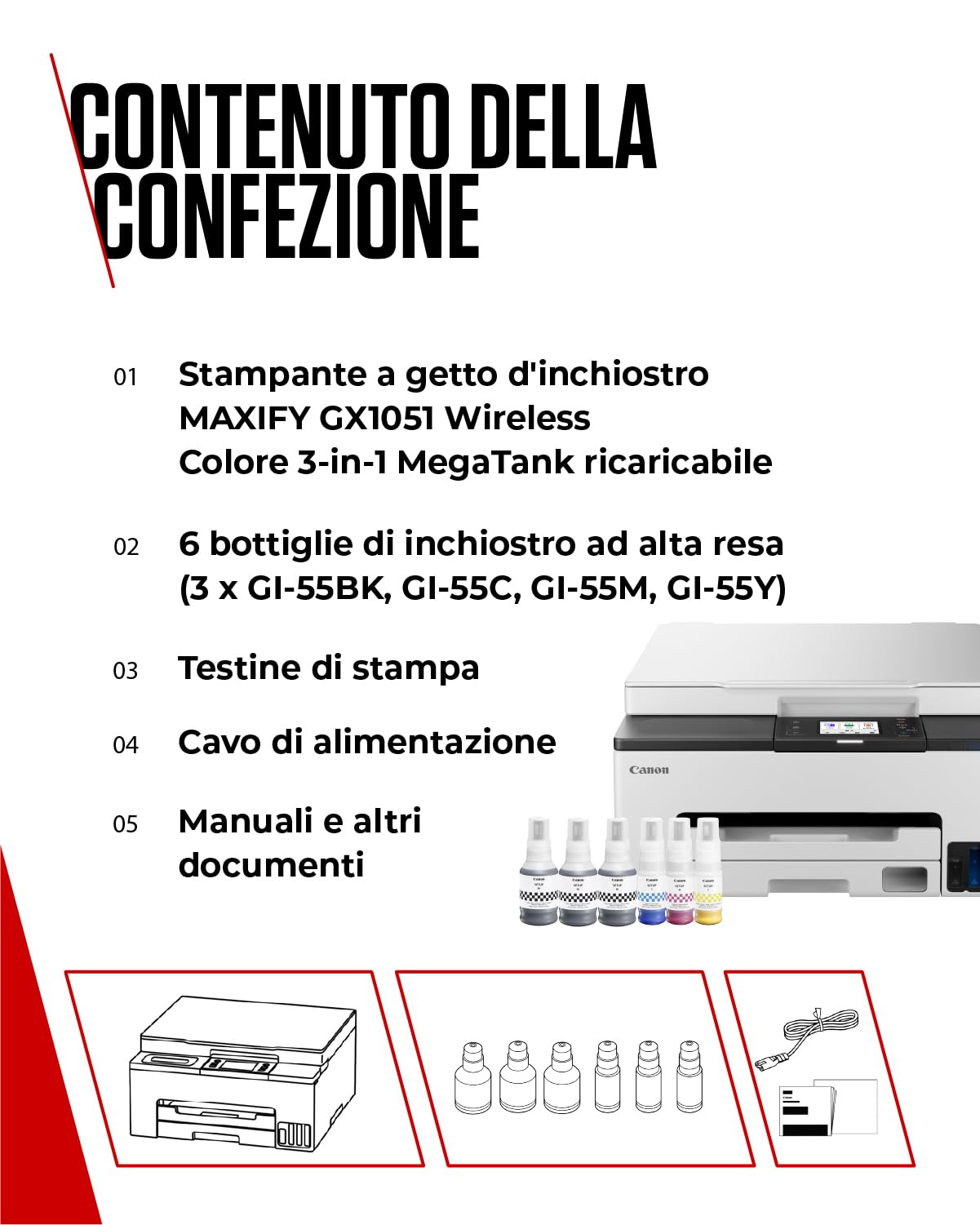 Canon Stampante WiFi per Casa e Ufficio MAXIFY GX1051 - Stampante Multifunzione MegaTank con Scanner e Fotocopiatrice per Casa | Connettività WiFi, Ethernet e USB | Include 6 flaconi di inchiostro