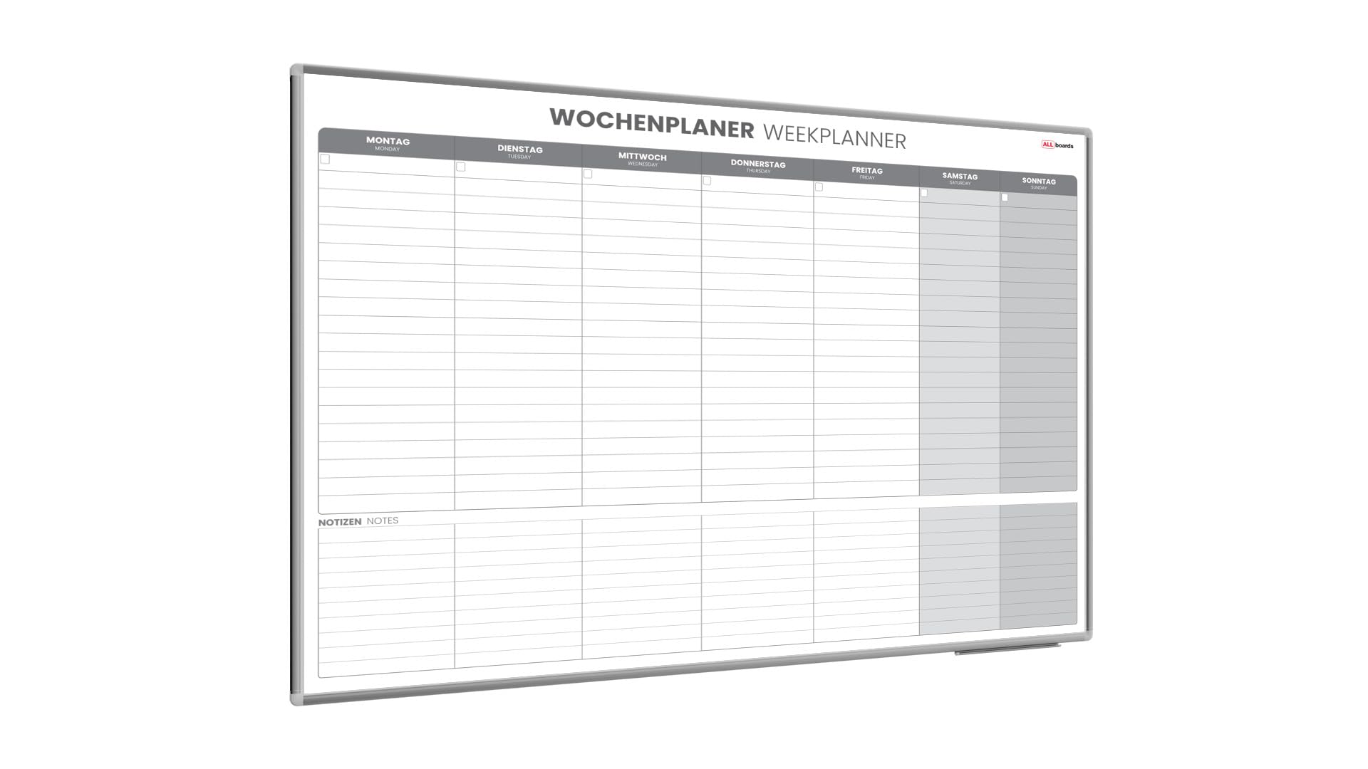 ALLboards Magnetischer Wochenplaner 120x90cm für Wochensplanungen, einfach zu beschreiben Wochenplaner Wandkalender Memoboard Magnettafel auf Deutsch