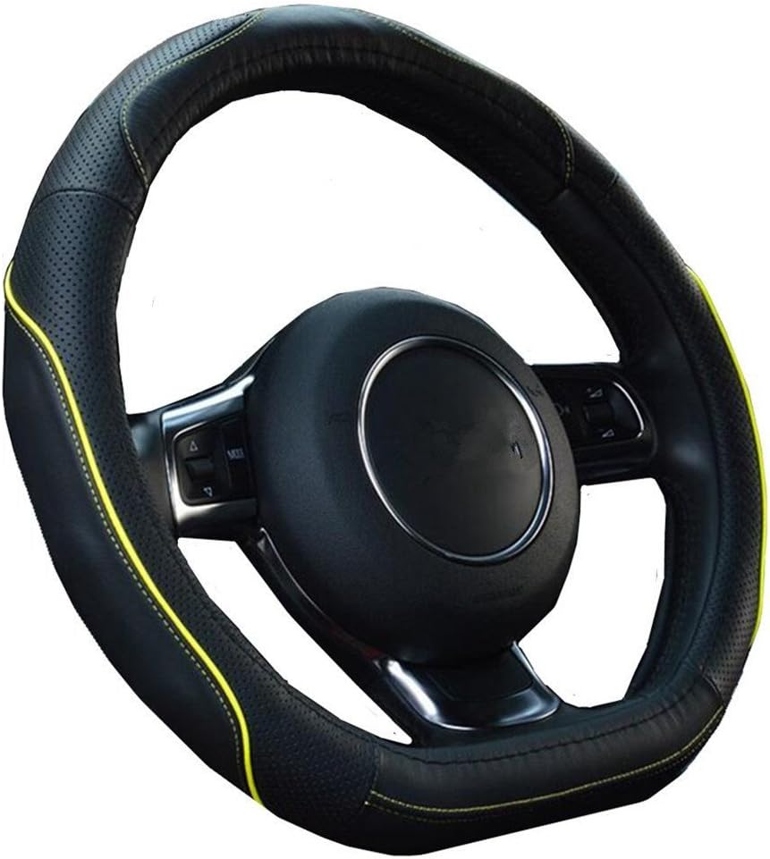 HCMAX D Type Vehicle Steering Wheel Cover Car Steering Wheel Protector for Men Women D-shape Diameter 38cm(15") - Genuine Leather Yellow