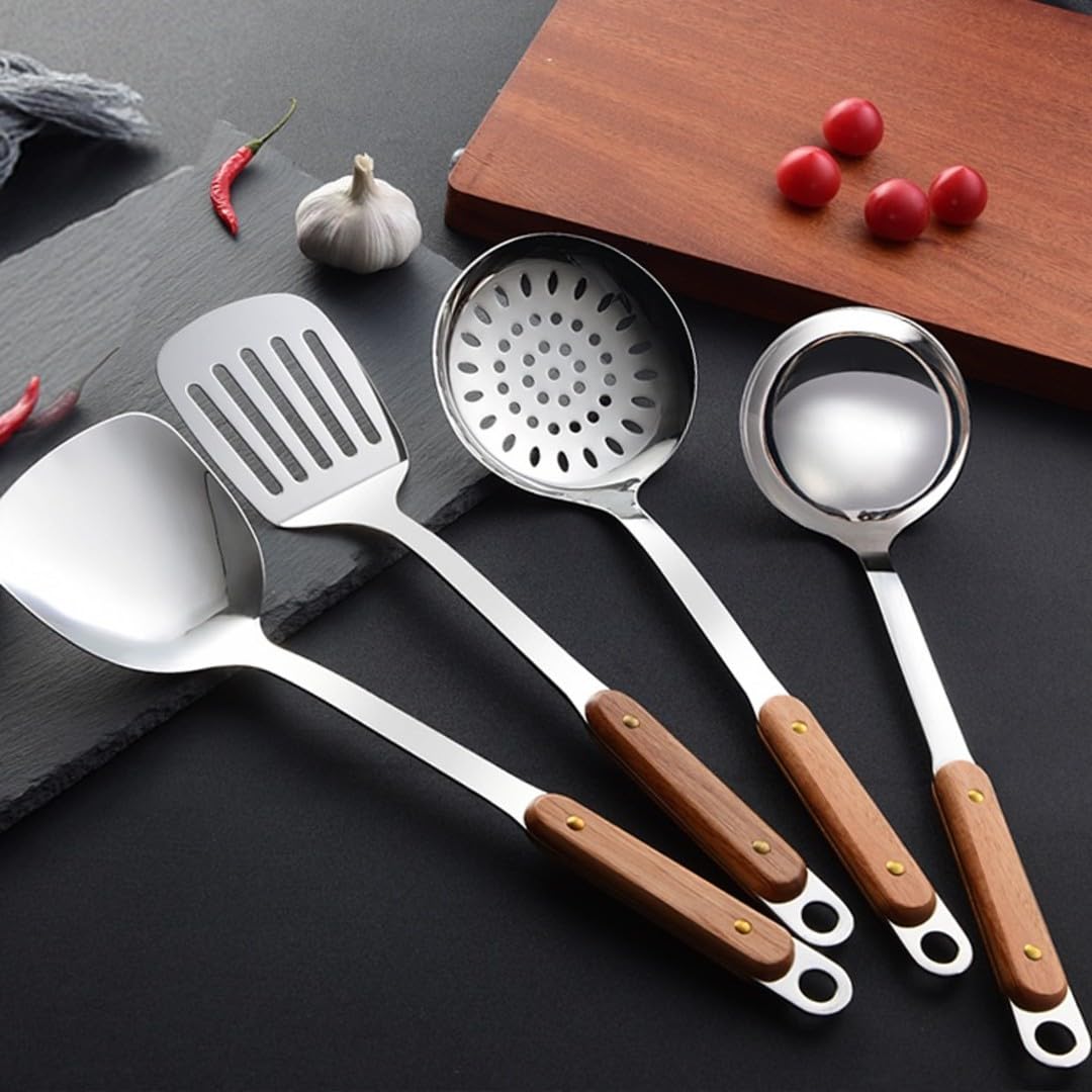 HEXONIQ® Stainless Steel Kitchen Skimmer, Colander with Long Heat Resistant Wood Handle, 37x10 cm 3
