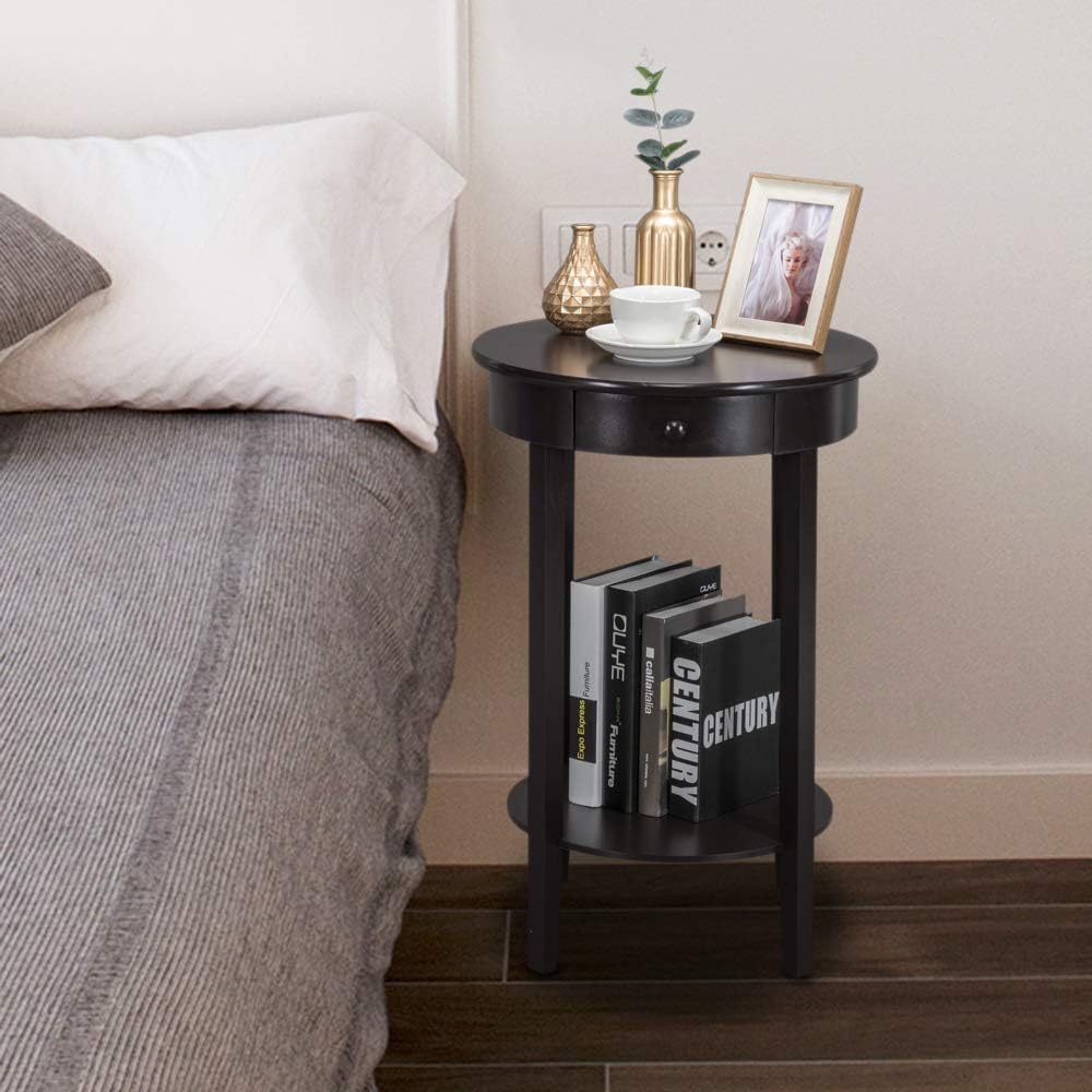 Uр Tо 40% оƒƒ SSLine Tall Wood Night Stand with 1 Drawer and Shelf Round Espresso Regalia Bedside Accent Table 2-Tier Chairside End Table Living Room Bedroom Sofa Couch Side Telephone Tables Plant Stand - 27.9