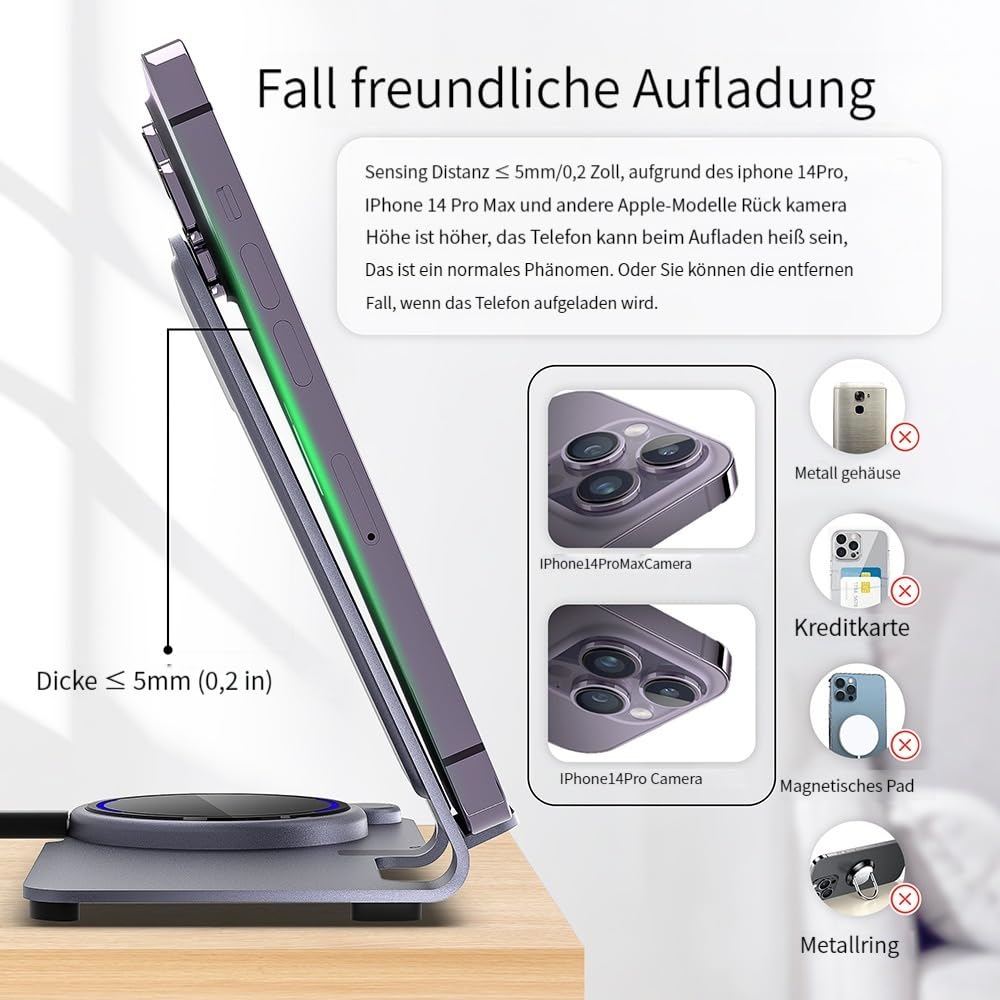 Caricabatterie senza fili in lega di alluminio, 3 in 1 stazione di ricarica wireless per Apple Phone 14, 13, 12, 11 (Pro, ProMax)/XS/X/8 (Plus), iWatch8/7/6/SE/5/4/3/2/:per AirPods 3/2/Pro