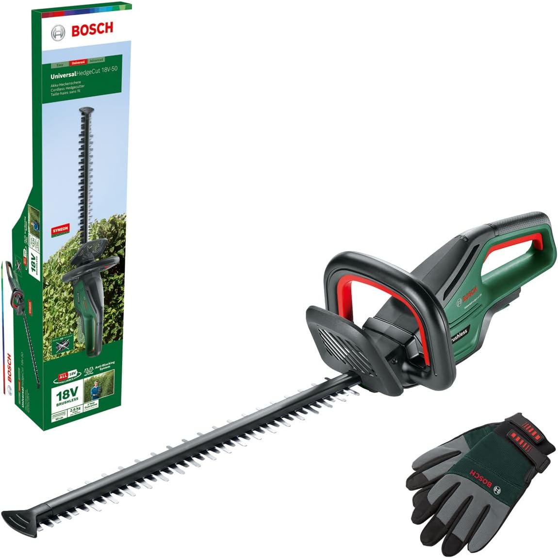 Bosch Home and Garden Cortadora de Setos a Batería UniversalHedgeCut 18V-50, Sin Batería, Sistema de 18 Voltios, Longitud Sierra 50 cm, Guantes de Jardinería XL Incluidos, en Caja, Amazon Edición
