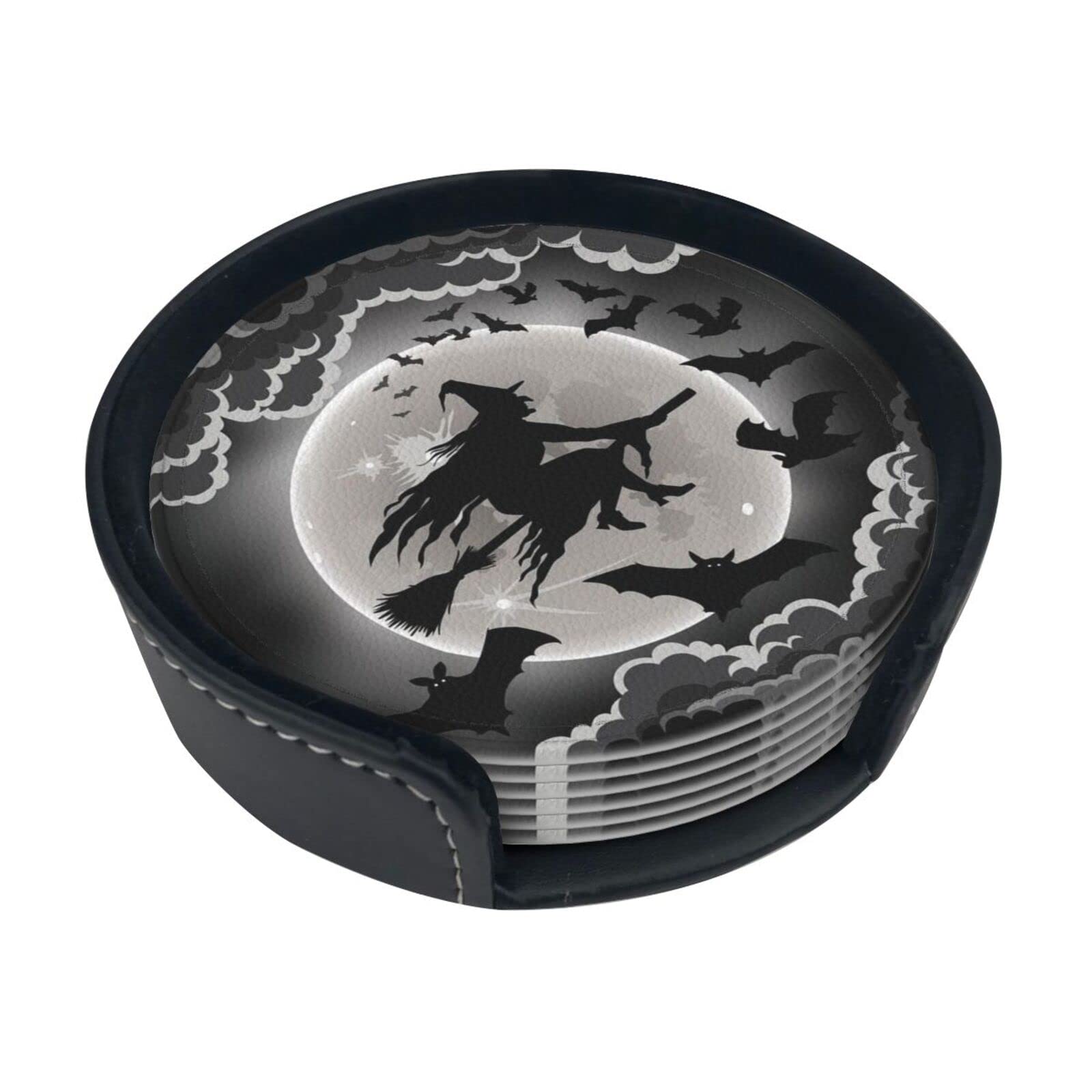 Alteko Halloween Witch Coasters Set Of 6 Print Leather Coasters For Drinks,Home Décor And Housewarming Gift