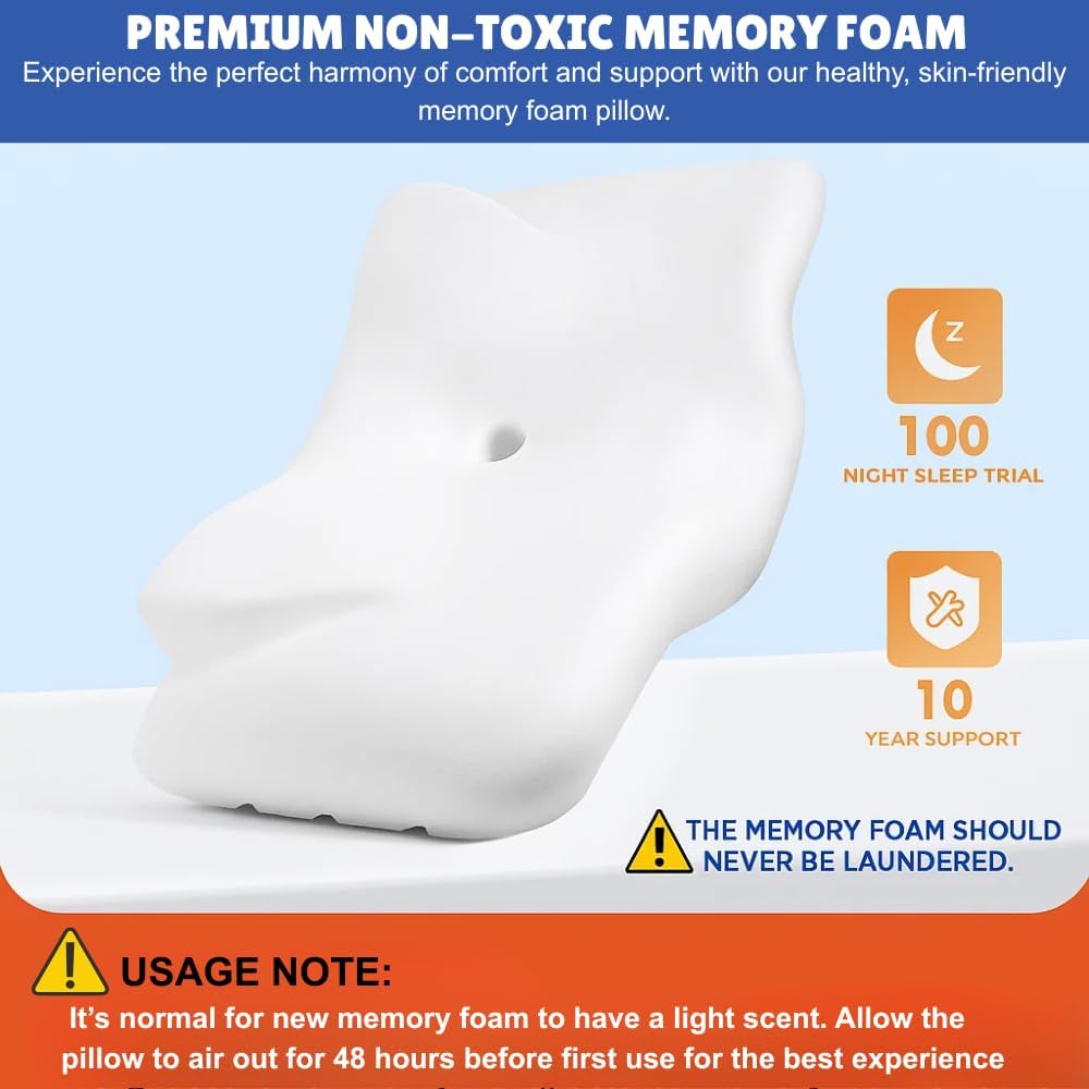 Cervical Neck Pillow for Sleeping, Orthopedic Memory Foam Butterfly Pillow for Neck Pain Relief & Spinal Support, Ergonomic Contour Cervical Neck Traction Pillow for Side, Back & Stomach Sleepers