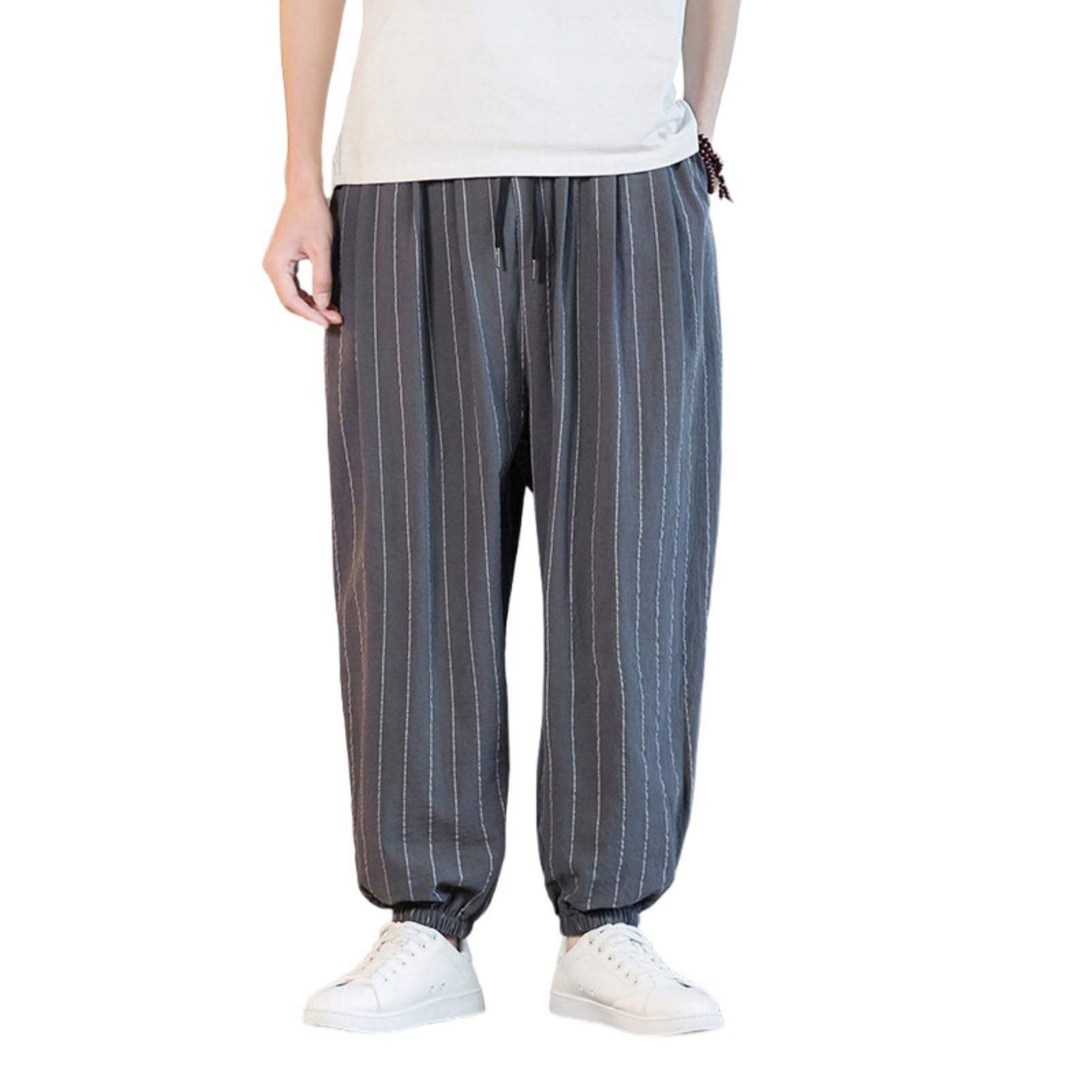 Pantaloni casual da uomo Primavera Estate Stile Cinese Alla Moda A Righe Cotone Lino Nine-Tenths