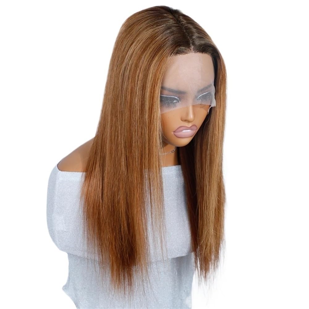 Koronkowa peruka Remy bez kleju, gładkie włosy jasnobrązowe z blond refleksami, 13x4x1 T, dla kobiet przedłużanie włosów (24 cale)