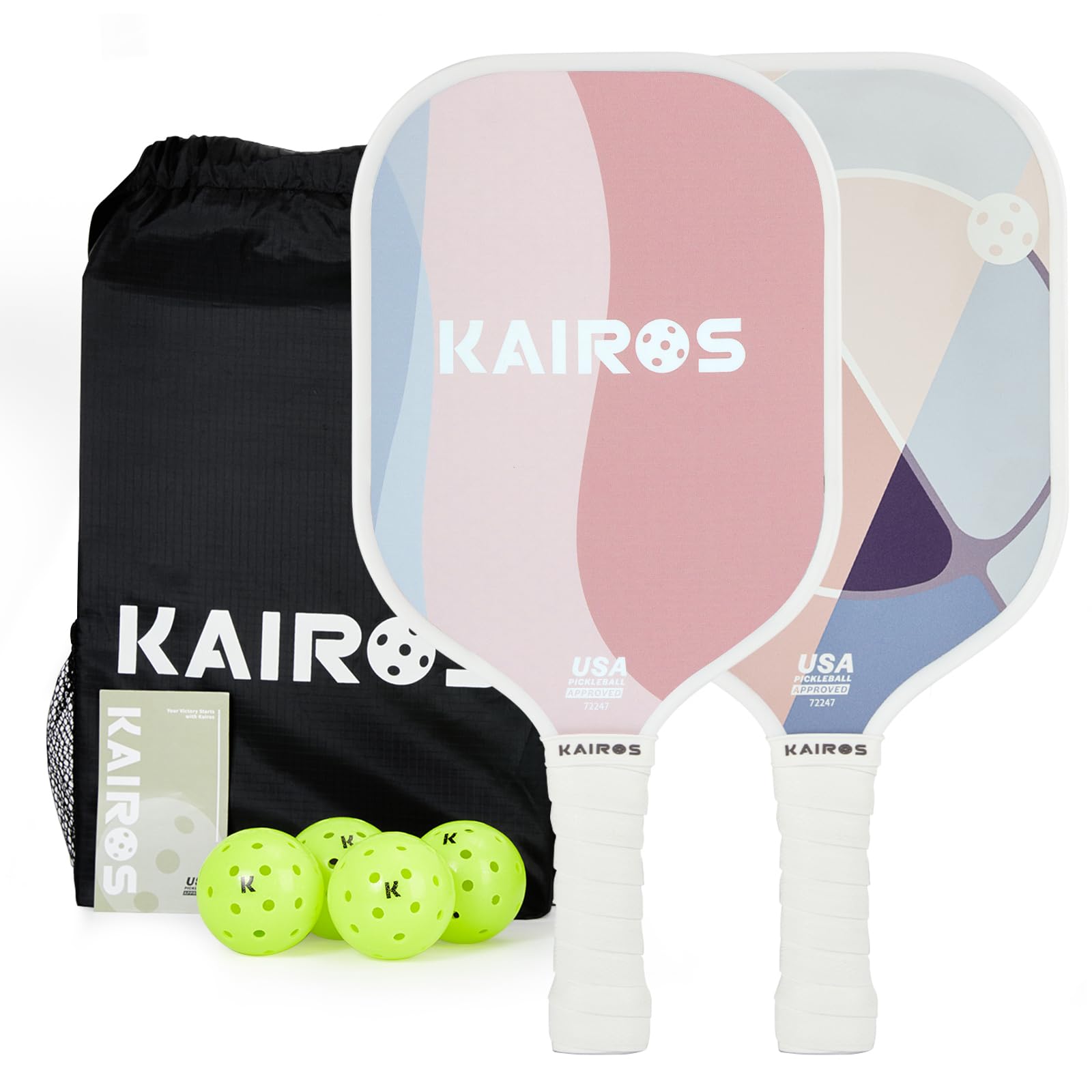 KAIROS Pickleball Paddles, USAPA Approved Pickle Ball Set with 2 Rackets 4 Pickle Balls, Non-Slip Grip Fiberglass Surface Pickleball for Beginners