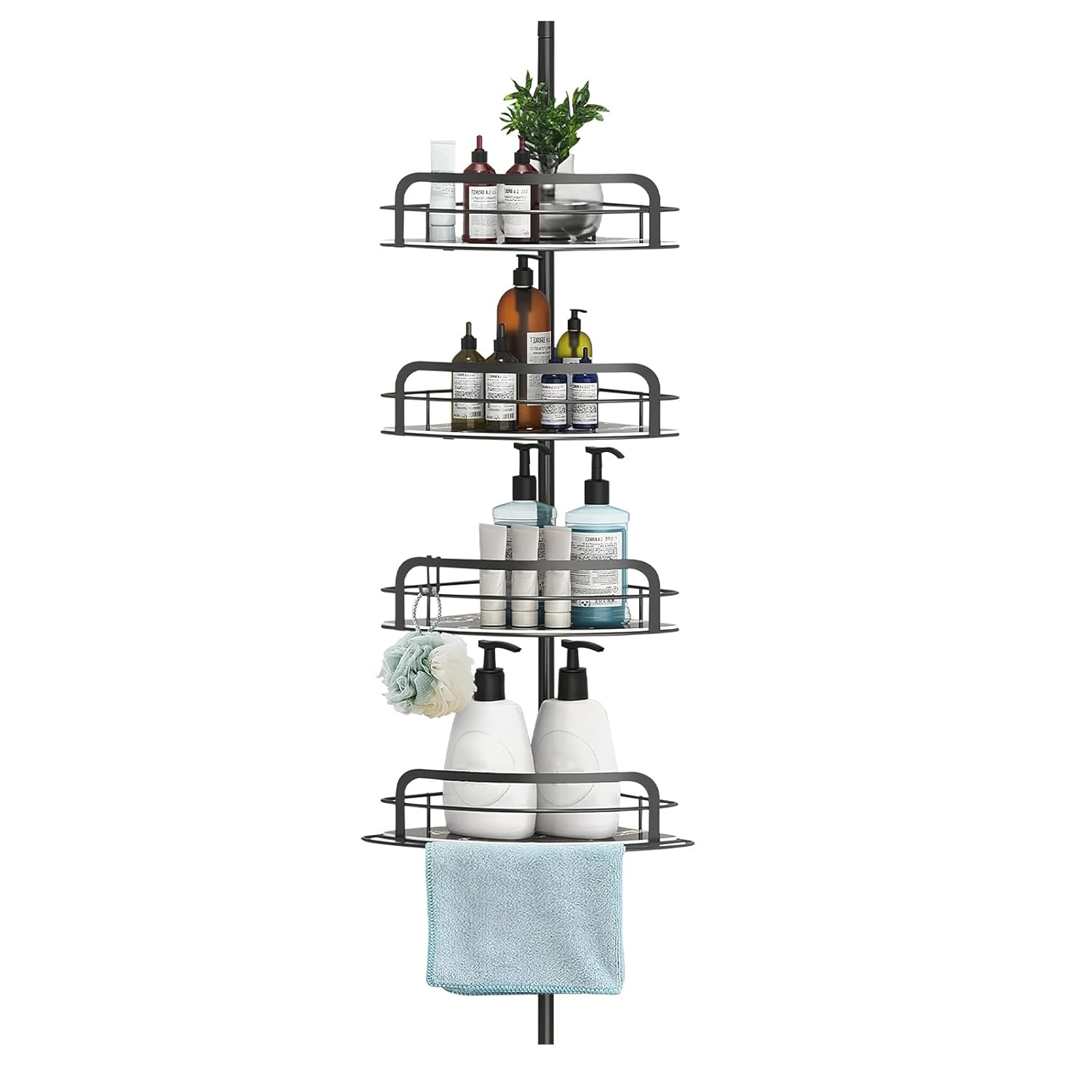 NeoHold Tension Pole Corner Shower Caddy 4-Tier Adjustable Shelf Bathroom Organizer Rust-Free Shampoo Storage Rack No Drilling Required