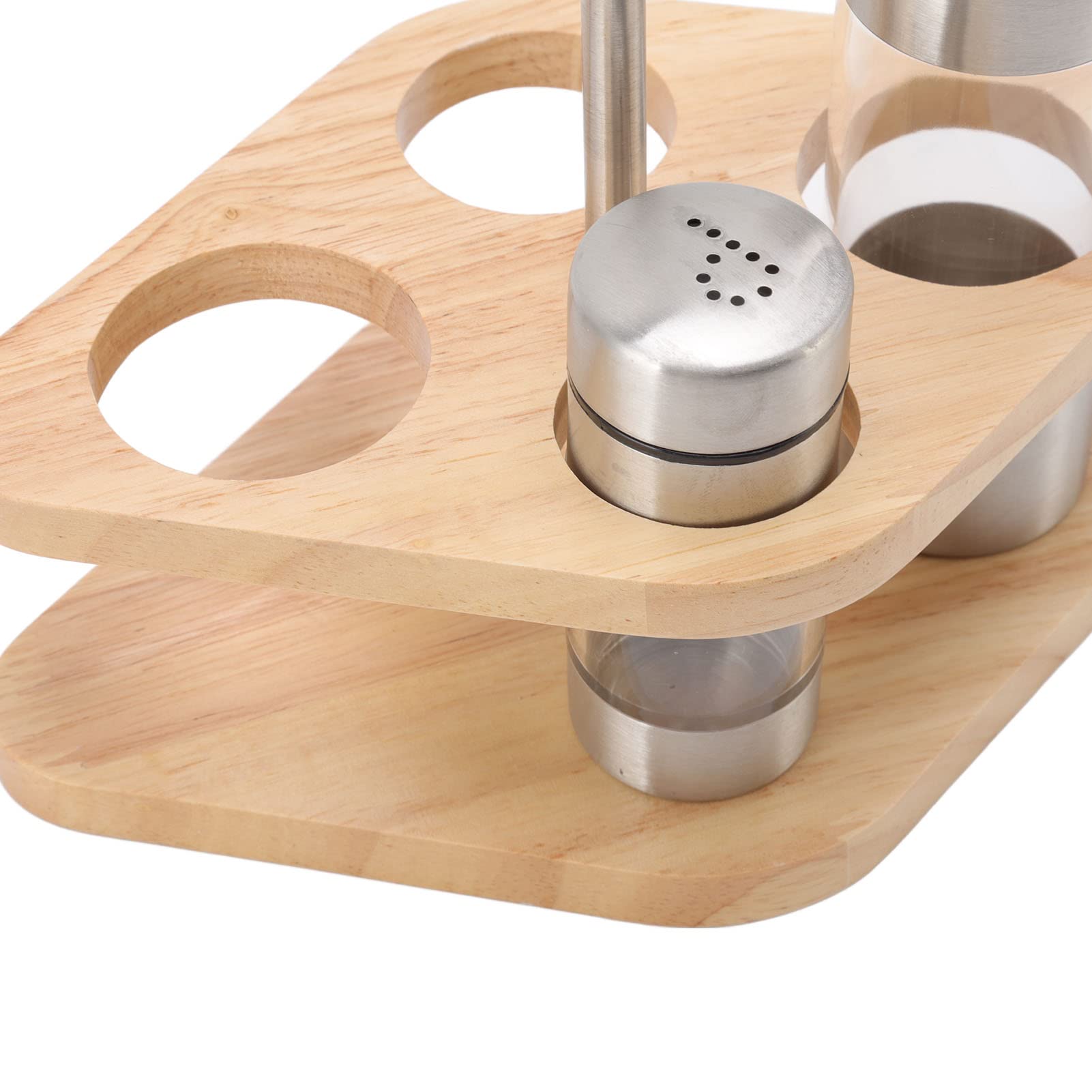 Set di 5 bottiglie per condimenti, contenitori in acciaio inossidabile e vetro traslucido, piano lavoro della, organizzato con supporto in legno per la di casa, ristorante