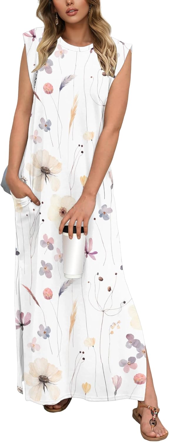 GRECERELLE 2025 Women Summer Casual Round Neck Cap Sleeve Maxi Dress with Pockets Beach Vacation Sundress