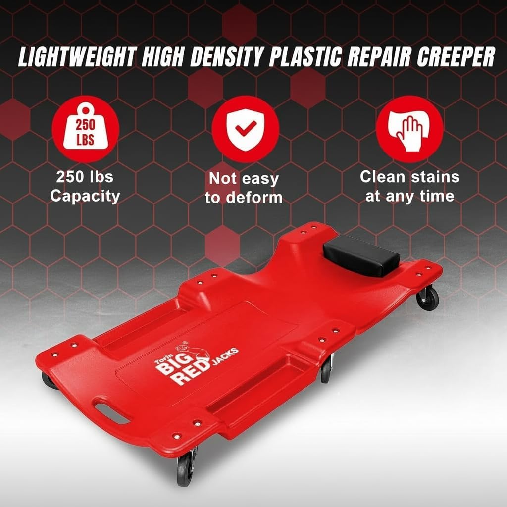 Big RED Plastic Rolling Garage/Shop Creeper: 40" Mechanic Cart with Padded Headrest, Dual Tool Trays and 6 Casters