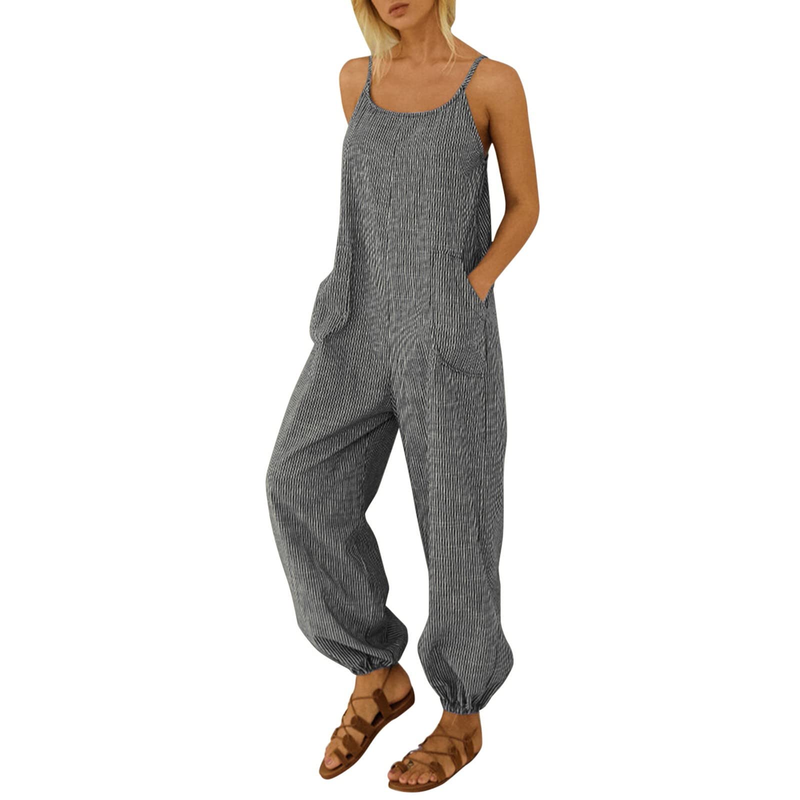 riou Mono Mujer Verano 2022 Talla Grande Casual Ajustable Correa Monos Rompers Flojo Retro Harem Mamelucos con Correas Bolsillos Laterales para Mujeres Holgado Diario S-XXXL