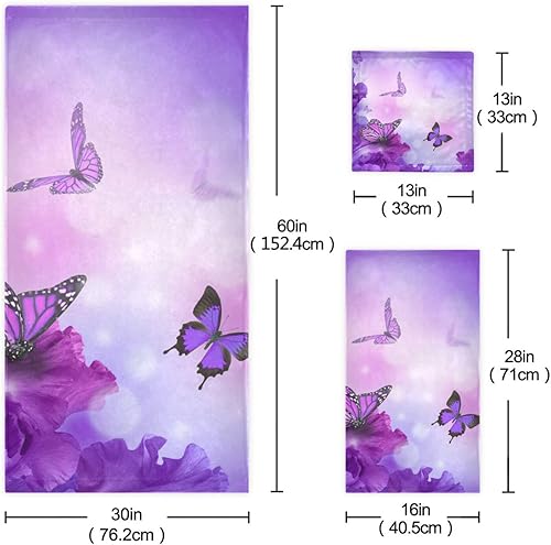 Miniatura 3 de Moudou Juego de 3 toallas decorativas de mariposa morada, absorbentes y suaves, con toalla de mano y toallita para baño, hotel, cocina, gimnasio y
