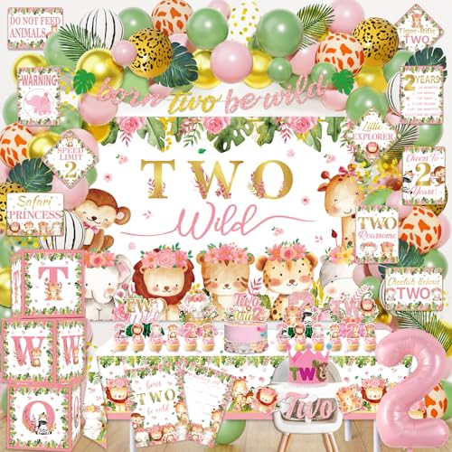 Mpanwen Two Safari Wild Birthday Decorations Girl 132Pcs Pink 2nd Jungle Party Decor Supplies for 2 Years Old Girls - Backdrop Tablecloth Palm Leaves Centerpiece Crown Poster Wall Signs Blocks
