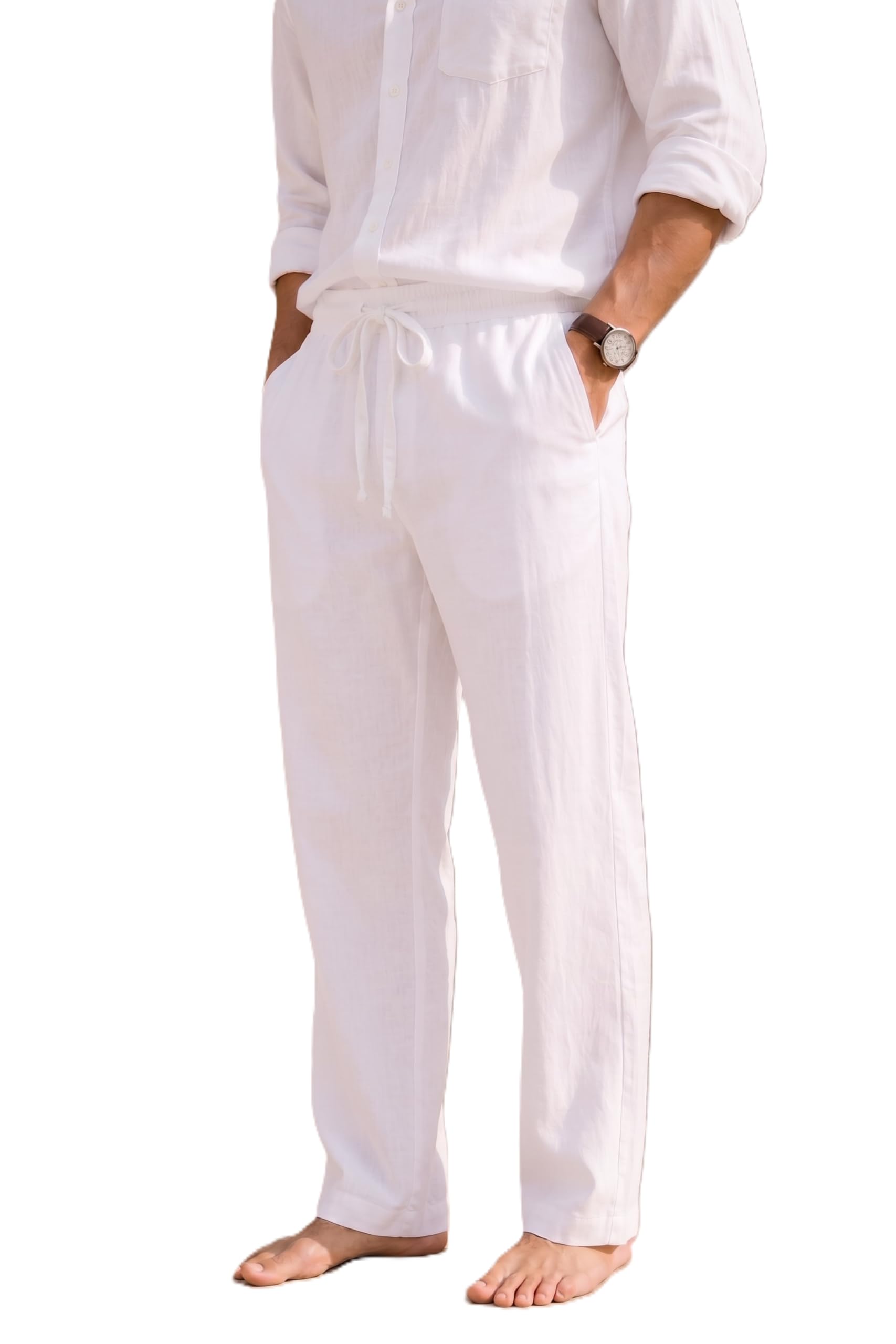 Premium Linen Blend Relaxed Fit Men Pant | Loose Fit Casual Drawstring Trousers | Elastic Waist | Breathable Summer Lounge Beach Travel Pants with Pockets White-picture-17