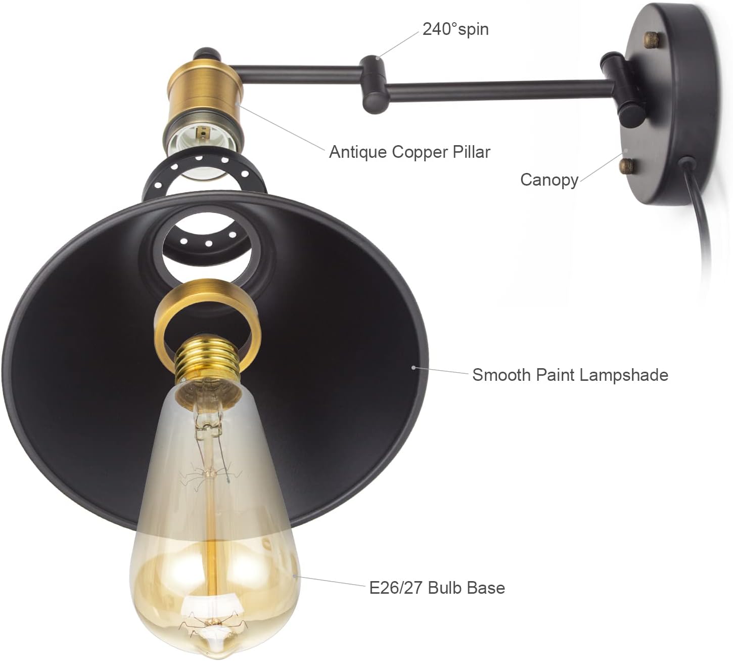 Swing Arm Wall Lamp Plug-in Cord Industrial Wall Sconce, Bronze and Black Finish,with On/Off Switch, E26 Base,1-Light Bedroom Wall Lights Fixtures,Bedside Reading Lamp