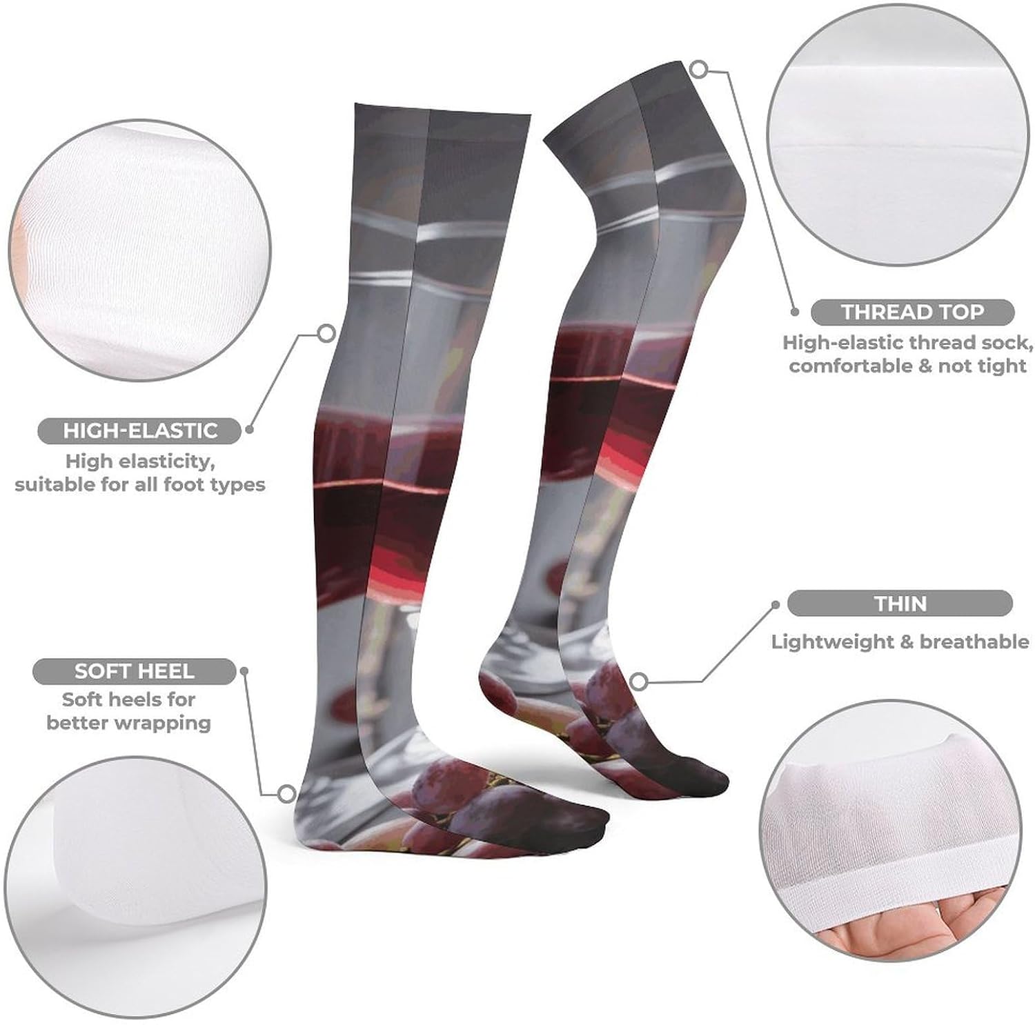 Wine with Grapes Knee High Stockings for Women 23.6" Breathable Thigh High Stockings Over The Knee Socks