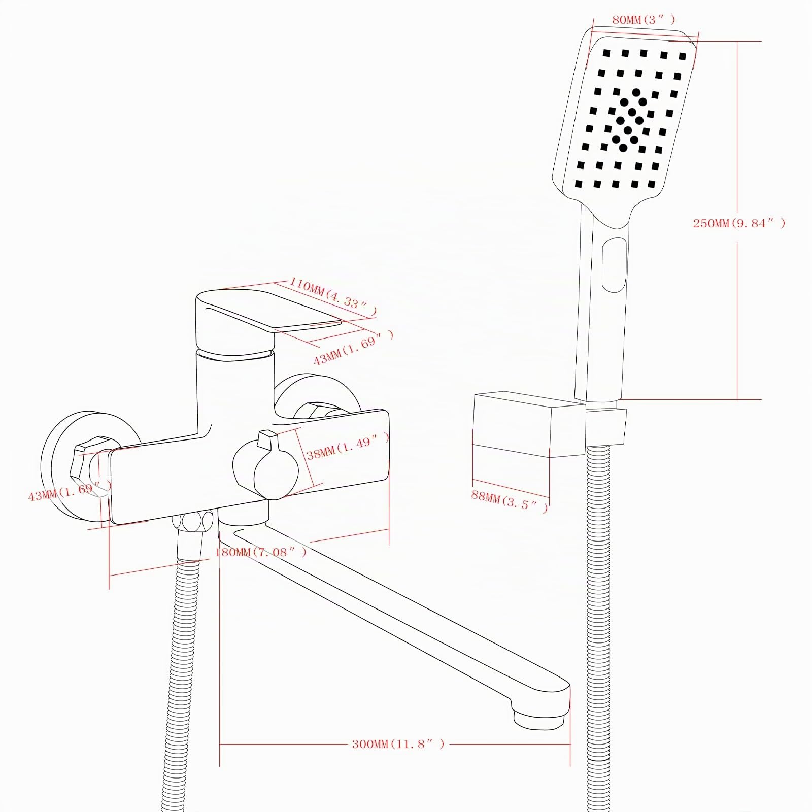 PHASAT Badewannenarmatur mit handbrause Wannenbatterie Badarmatur Auslauf Messing Einhand Wannenbatterie Badarmatur PTBC08E