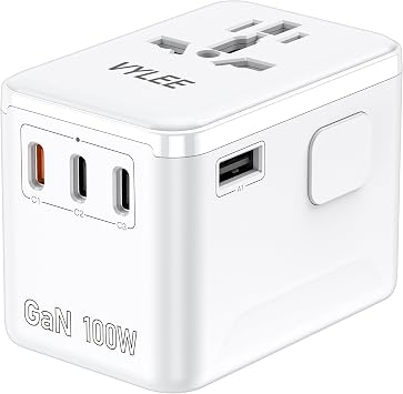 VYLEE PD100W GaN Universal Travel Adapter, International Power Adapter in One, 3 USB C & 1 USB A & AC Outlet, Travel Adapter Worldwide Plug Adapter with USA EU UK AUS Plugs White