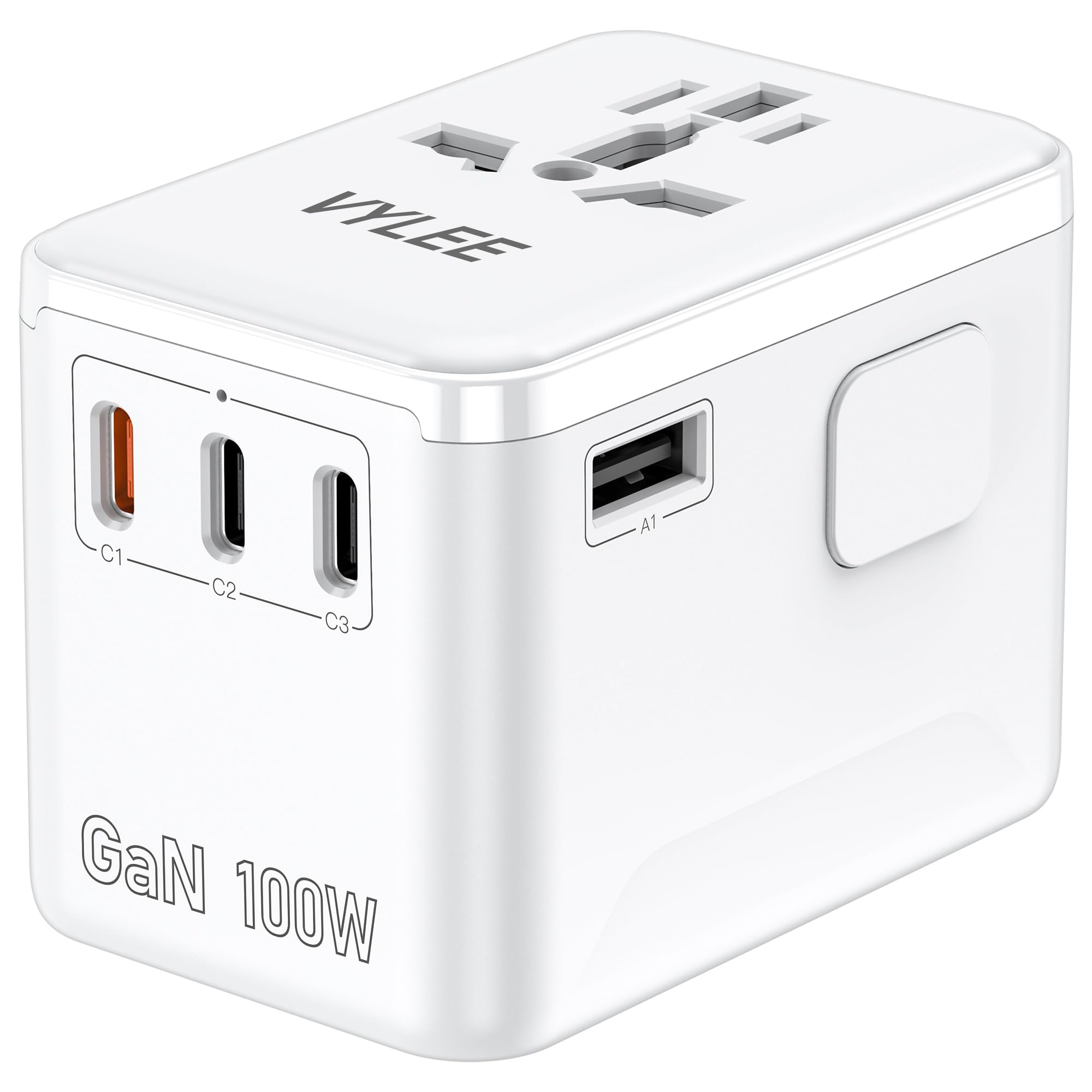 PD100W GaN Universal Travel Adapter, International Power Adapter in One, 3 USB C & 1 USB A & AC Outlet, Travel Adapter Worldwide Plug Adapter with USA EU UK AUS Plugs for Laptops,Tablets,Phones