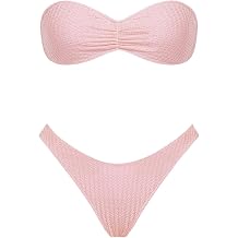 Womens Triangle Bikini Set Strapless Textured Bandeau Solid Cheeky Two Piece Swimsuit Bathing Suit