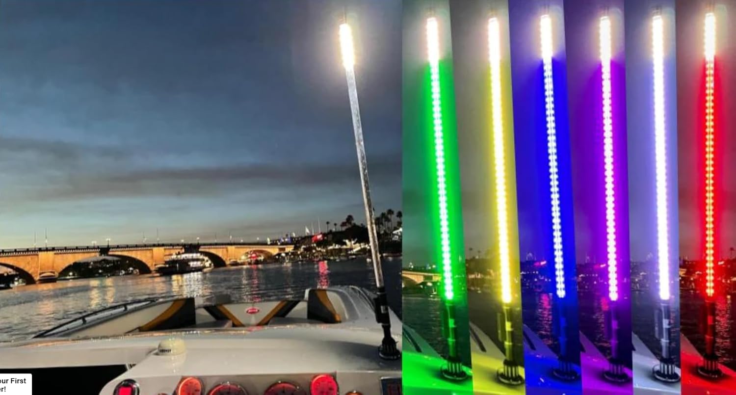 Boat Whipz USA Made Marine Navigation Bluetooth LED Whip Light/Stern Pole - 2NM Coast Guard Compliant, the BRIGHTEST Boatwhip Available – 200+ Patterns/Speeds - Boat Anchor Lights (4 Foot)