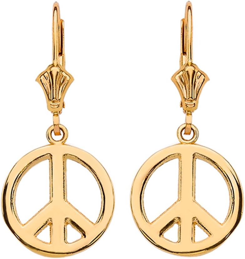 14K Yellow, White, or Rose Gold Boho Peace Sign Dangle Earrings for Women Girls - Choice of Metal