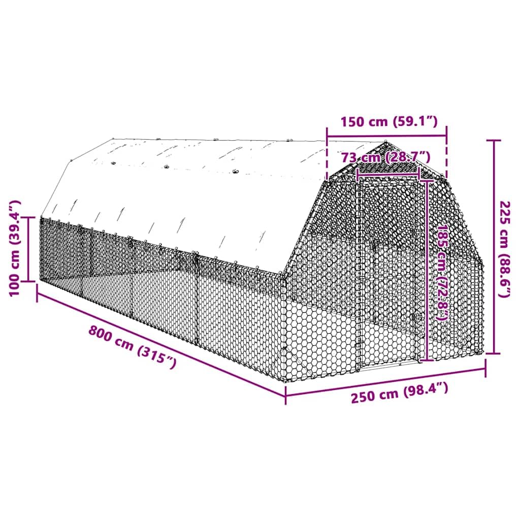 Gallinero de 2,5 x 8 x 2,25 m, con techo, para gallinero, de acero galvanizado, para aves de corral, patos, gansos, cercado estable con malla de alambre y puerta