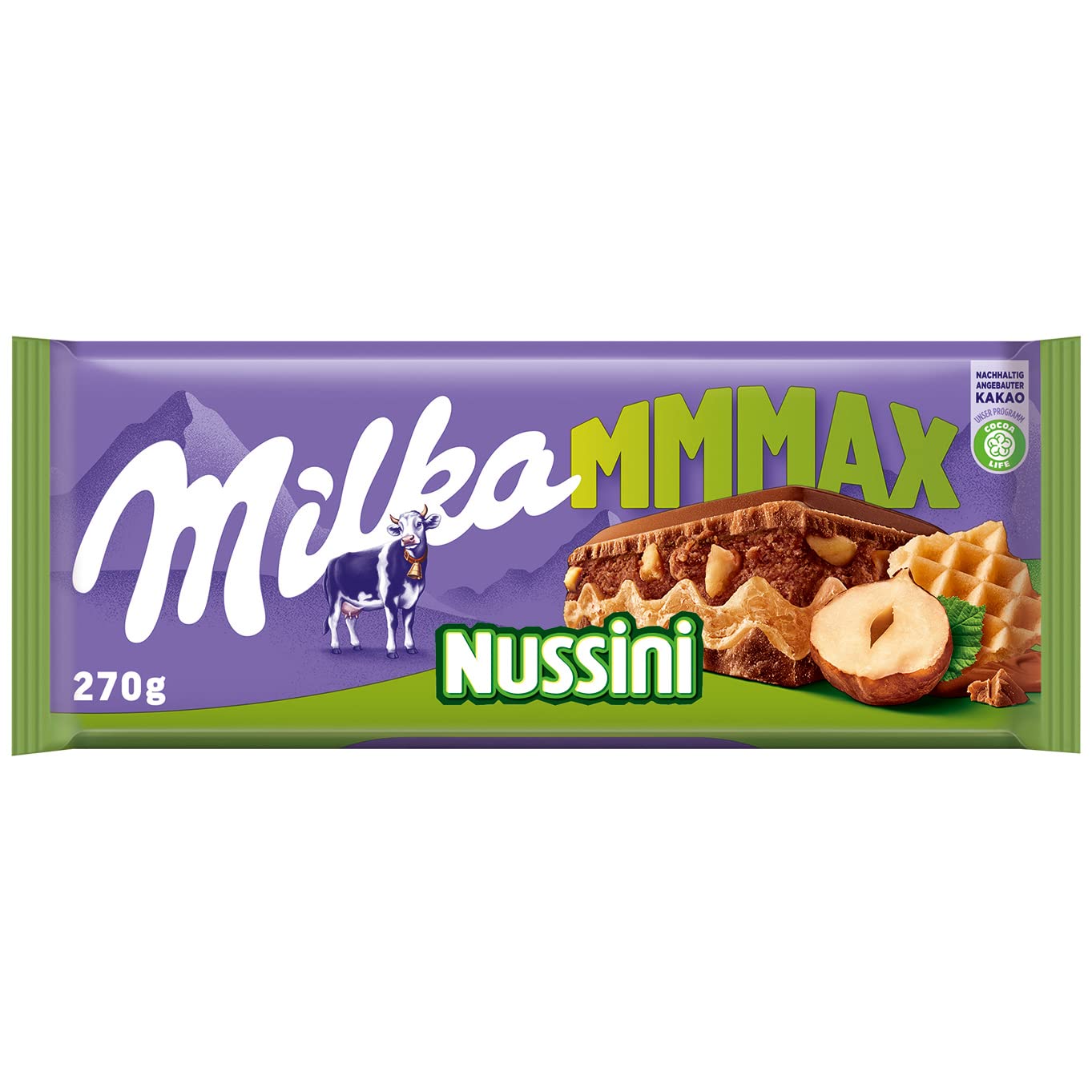 Milka Mmmax Nussini – Alpenmilch-Schokolade mit feiner Haselnusscreme, Nüssen und knuspriger Waffel – 270g