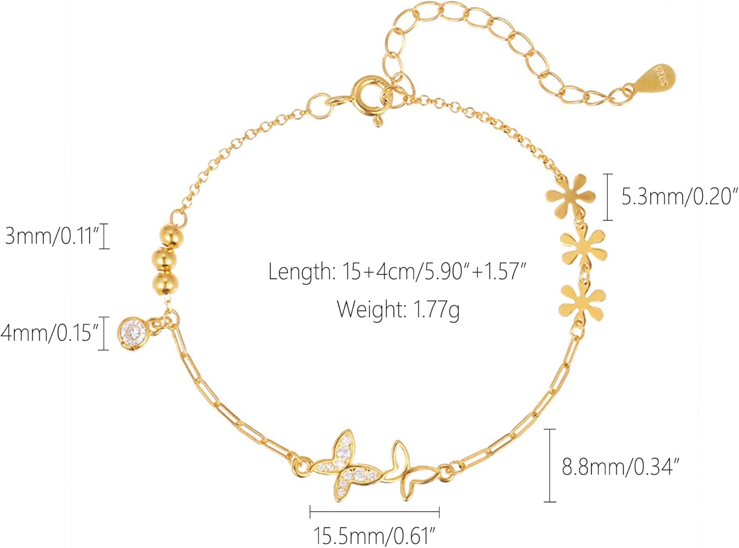 SUYACS Dainty 14k Gold Plated Butterfly Daisy Bracelets for Women 925 Sterling Silver Double Butterfly Flower Link Bracelet with Bead Delicate CZ Charm Chain Jewelry Birthday Gifts to Daughter - Image 4