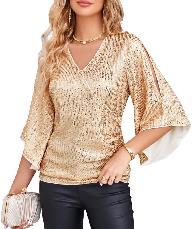 GRACE KARIN Womens Sequin Tops 3/4 Sleeve Glitter Sparkly Party Blouse V-Neck Dressy Tops for Evening Party