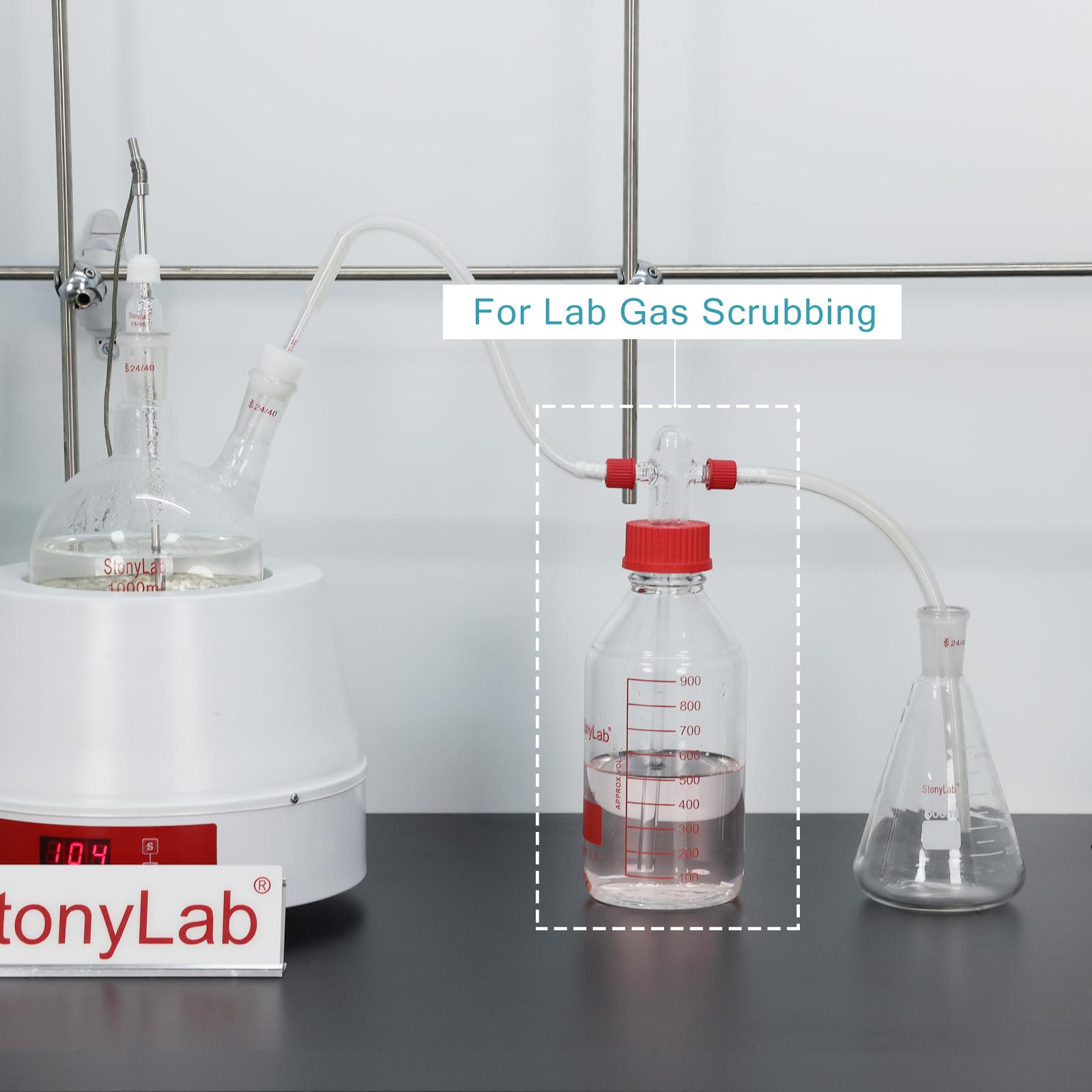 stonylab Gaswaschflasche aus Borosilikatglas mit GL45 Schraubverschluss, PP-Kappe und PTFE-Hülse, 8 mm Schlauchanschluss für Laborlagerung und Dosierung, 250 ml