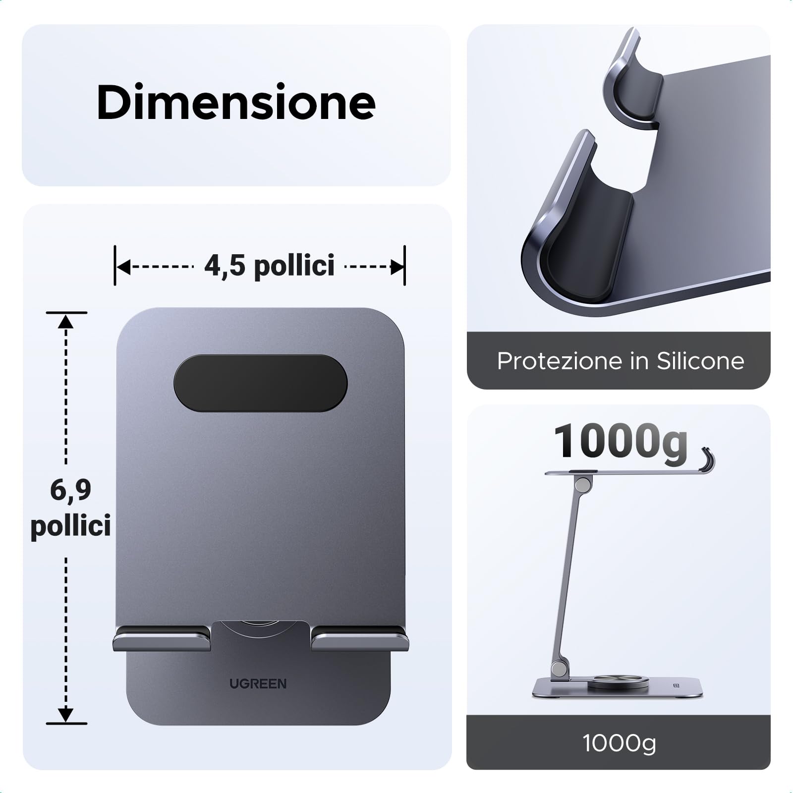 UGREEN Supporto per Tablet Pieghevole Rotante in Alluminio, Compatibile con iPad Pro Air Mini Samsung Tab Redmi Pad iPhone Galaxy S25 Ultra 4-12.9"