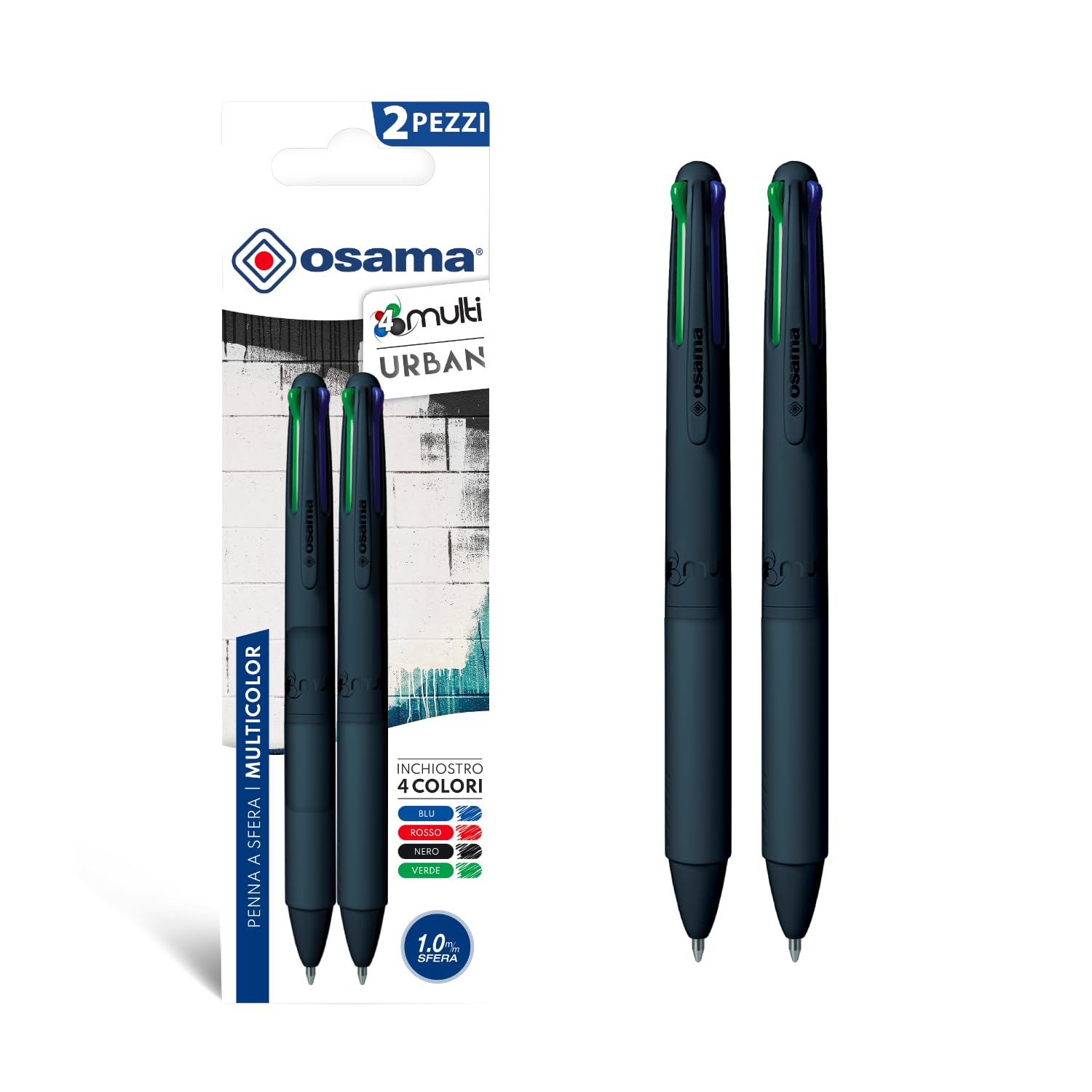OSAMA 4 Multi Urban Coloured Pens Set of 4 Colours, 2 Pieces - Multicolour Ballpoint Pen 1mm with Black, Blue, Red and Green Ink for School Stationery, Office, University and Stationery