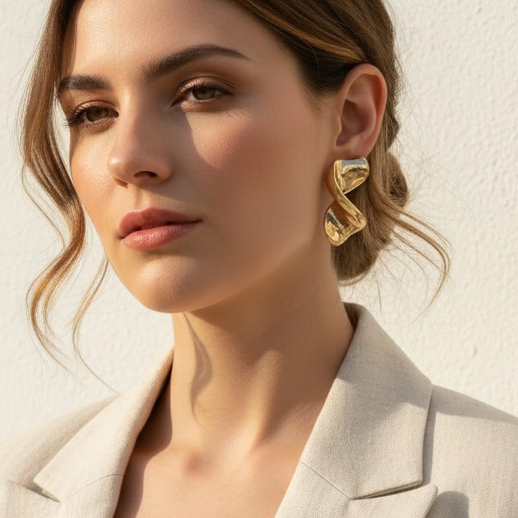 Chunky Gold/Silver Statement Earrings for Women, 14K Gold Plated Big Irregular Geometric Dainty Metal Drop Dangle Earrings Large,Womens Thick Jewelry Gift - Image 4