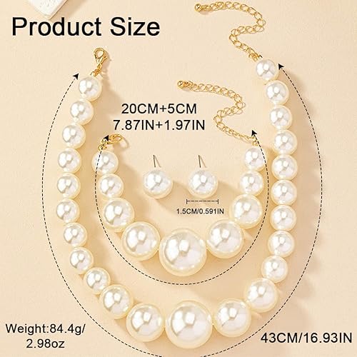 Miniatura 6 de Juego de collar de perlas y aretes para mujer, juego de collar de perlas sintéticas blancas vintage para bodas y bailes de graduación