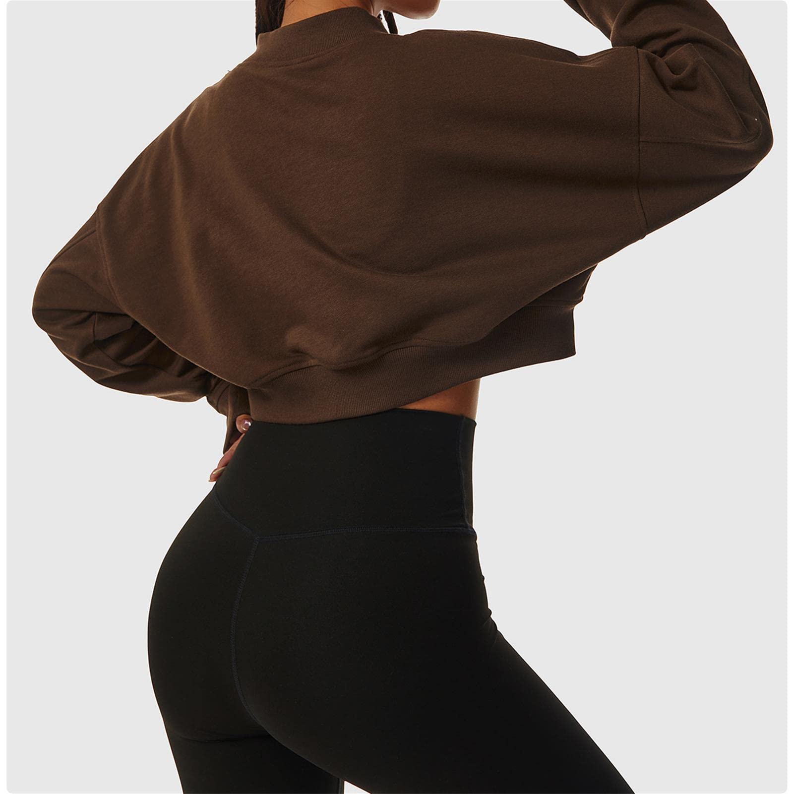 Damska luźna bluza sportowa z długim rękawem dekolt w serek sweter na co dzień topy crop trening gorset kurtka outdoorowa odzież fitness, brązowy, 10/M