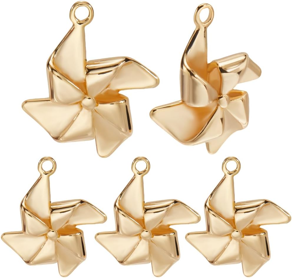 Beebeecraft 1 Box 16Pcs Windmill Charm 18K Gold Plated Brass Winnower Pinwheel Charms for Family Friend Birthday Earring Necklace Bracelet Jewelry Making 13x15x3.5mm