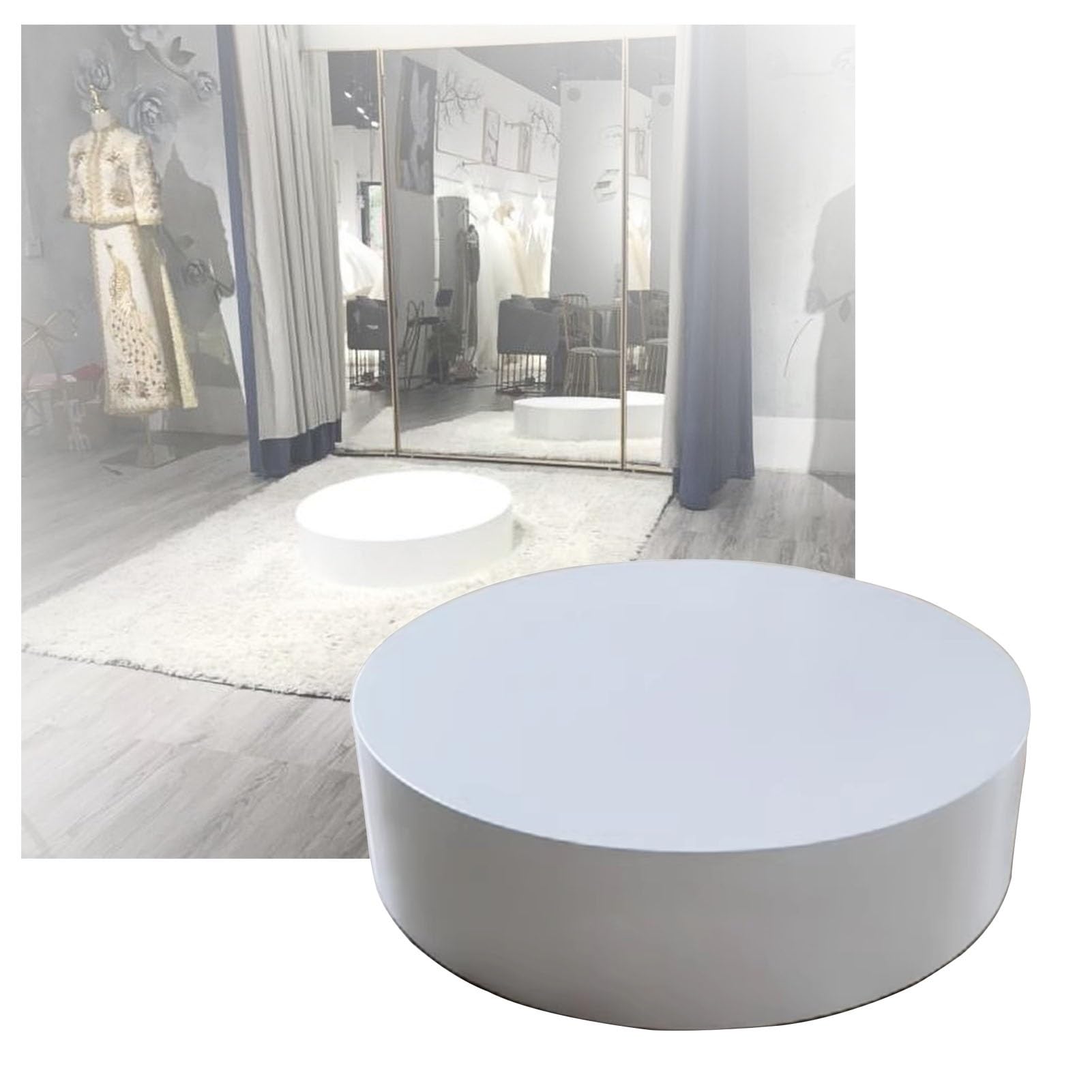 Présentoir rond blanc sur socle de 50x20cm pour l'agencement de vitrine