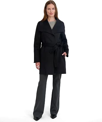 TAHARI Womens Double-faced Luxury Soft Wool Blend Peacoat- Wrap Wool Coat With Removable Belt