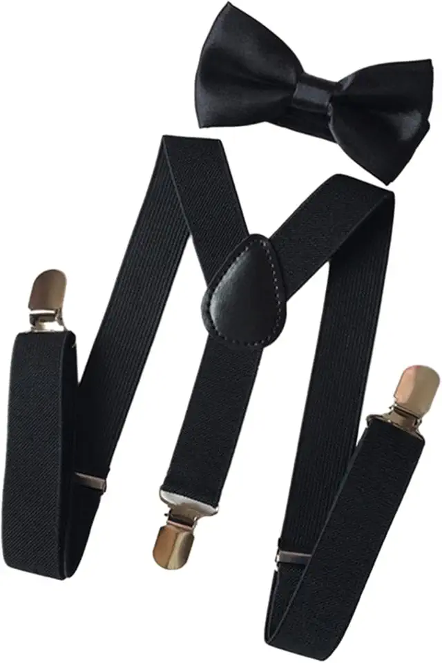 Suspensórios masculinos com gravata borboleta, suspensórios ajustáveis com clipes, smoking, calças para halloween, roupa formal, fantasia de dança, preto