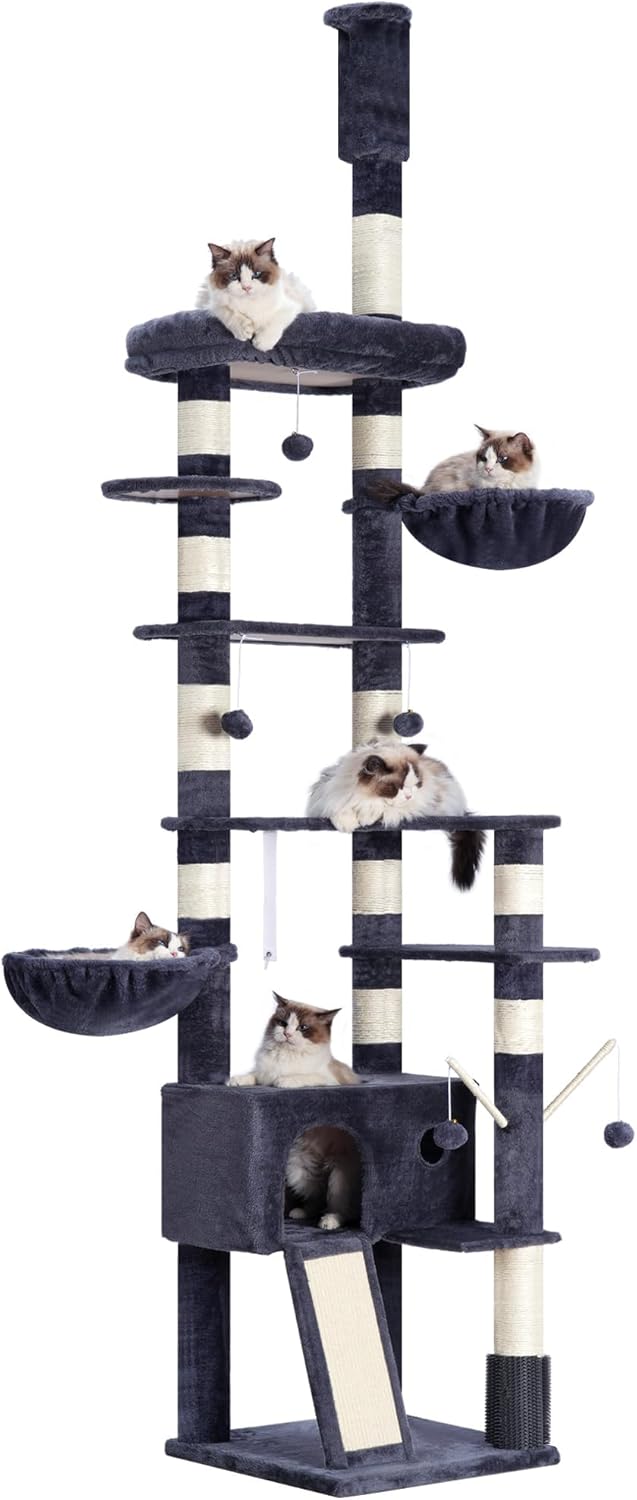 Hey-brother Cat Tree, 98.4-110.2 Inches Floor to Ceiling Cat Tree-Adjustable Height, Tall Cat Climbing Tower for Cats Large Adult with Scratching Post, Cat cando, Smoky Gray 0MPJ091G