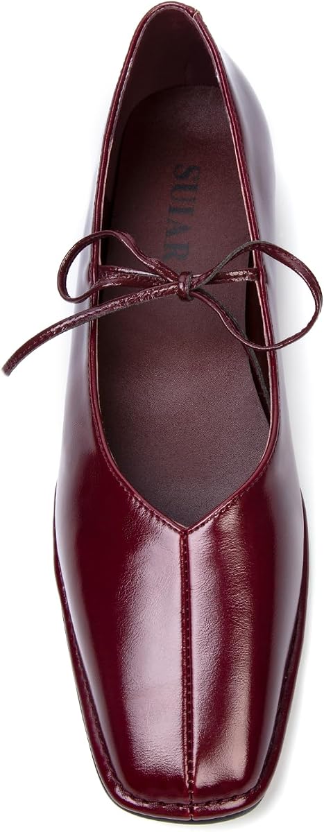 Lace up Ballet Flats Women Square Toe Mary Jane Flats Bow Slip On Comfortable Ballerina Shoes