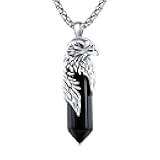 Eagle Necklace with Black Obsidian 925 Sterling Silver Cool Hawk Pendant Necklaces Jewelry for Men, w/Stainless Steel Chain 22'' + 2''