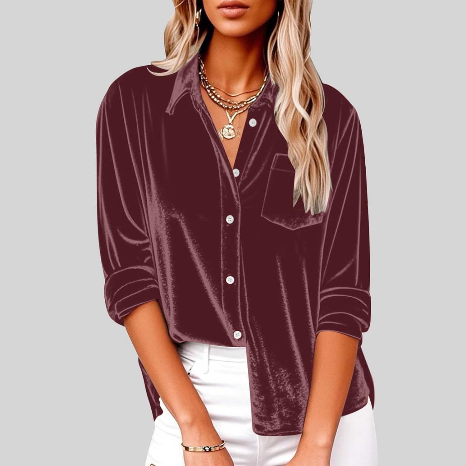 Velvet Tops for Women Vintage Long Sleeve V Neck Collared Button Down Shirts Dressy Casual Work Blouse with Pocket