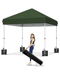 10x10 Pop Up Canopy Tent, Outdoor Tent with 3 Adjustable Height, Easy Set Up Canopy with 4 Sandbags & Carrying Bag for Camping, Parties, Outdoor Events -Green