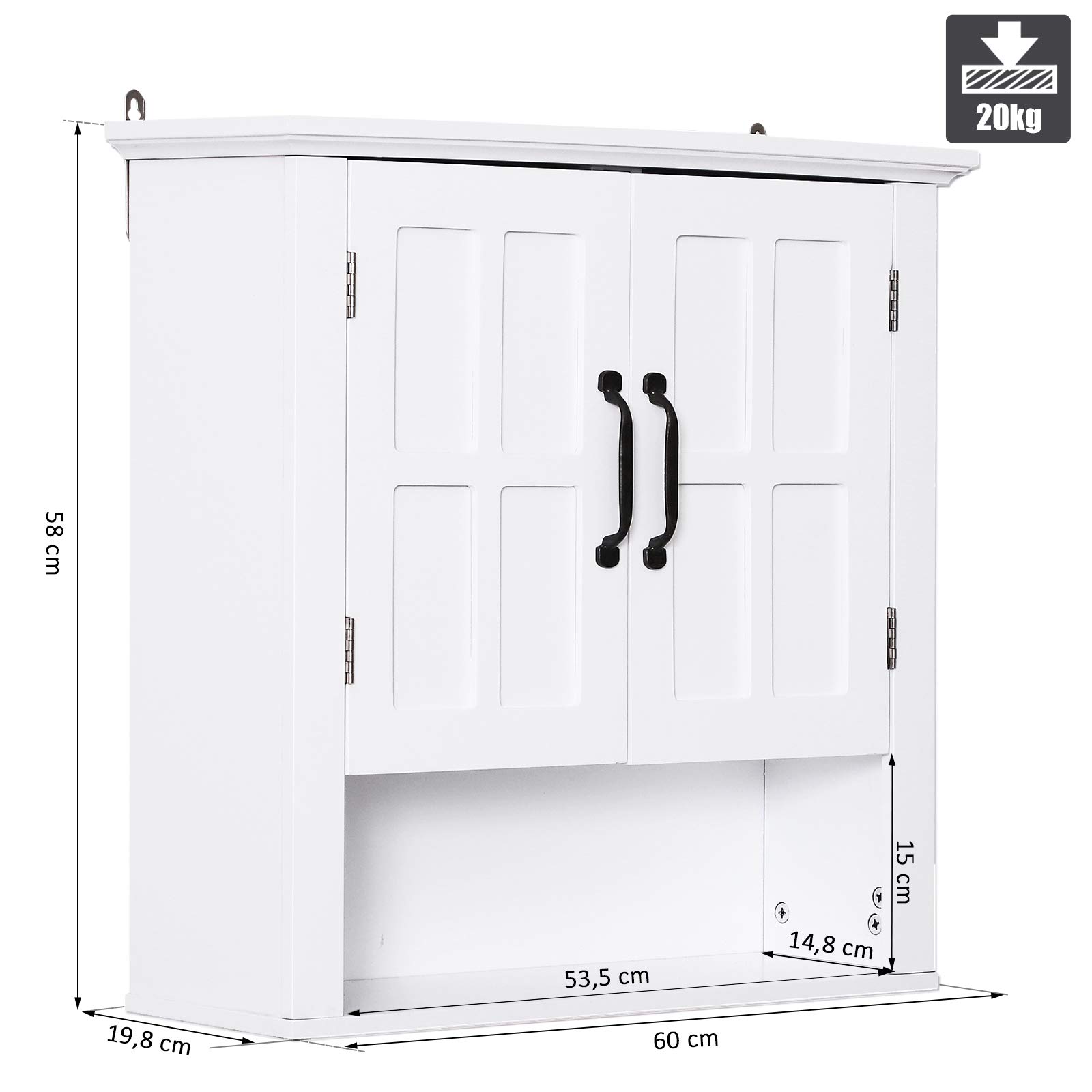 HOMCOM Armoire Haute Murale de Salle de Bain ou WC Placard 2 Portes 2 étagères Niche dim. 60L x 20l x 58H cm MDF Panneaux Particules Blanc