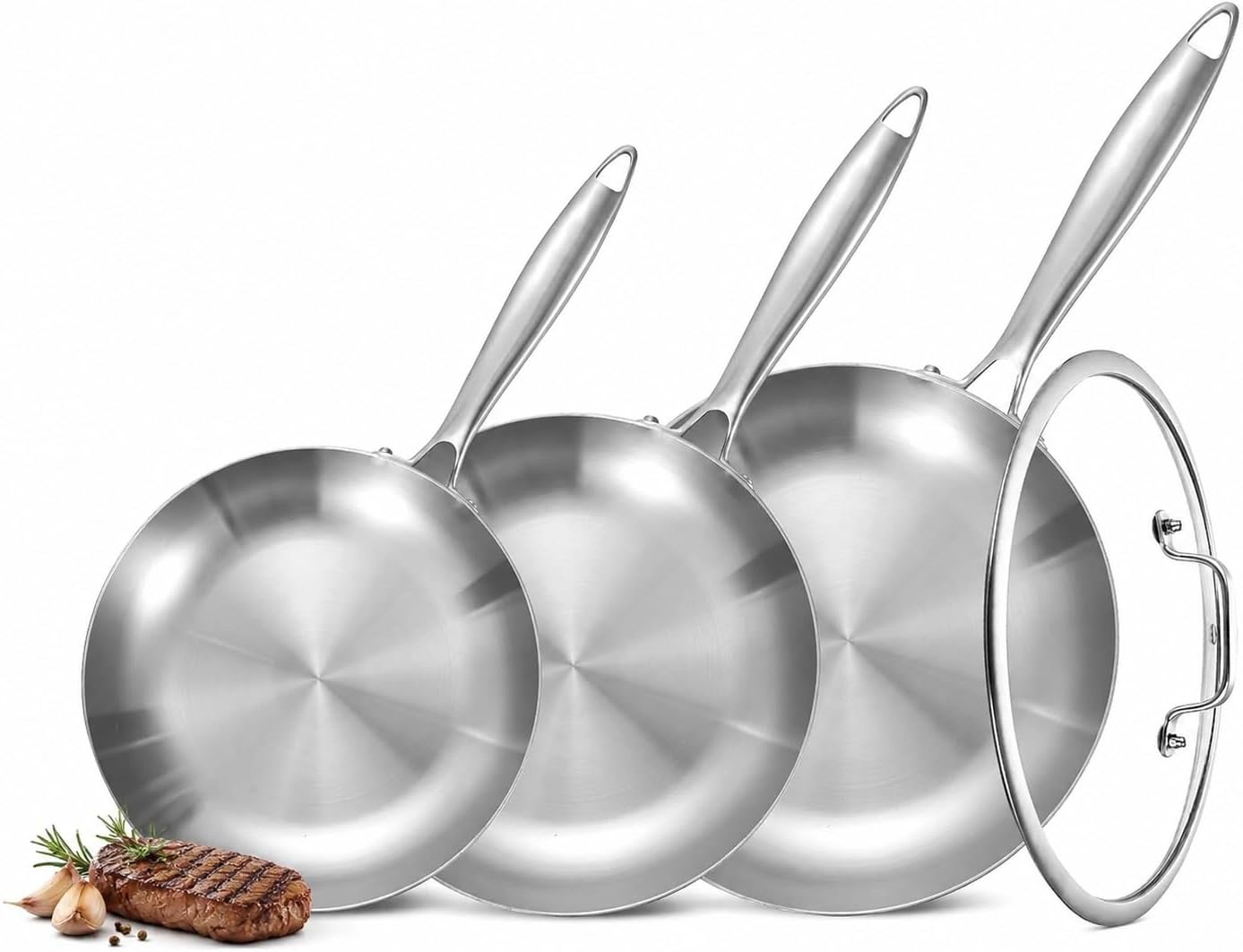 Inqibee 8.5”/10”/12” Stainless Steel Pans Set with Lid, Detachable Handle