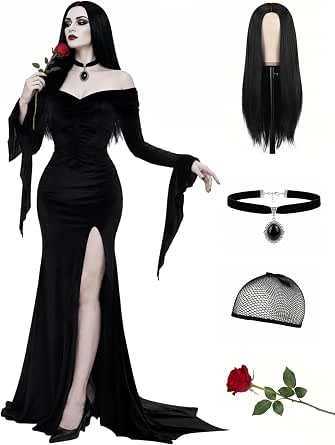 Women's Black Gothic Velvet Dress Costume Set, 4 Pieces